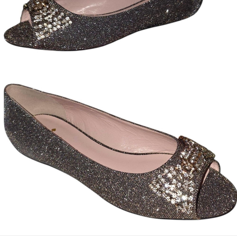 Kate Spade NIB Vanna Bronze Lurex Glitter Peep Toe Flats - NWT - Sz 9 - Picture 4 of 9